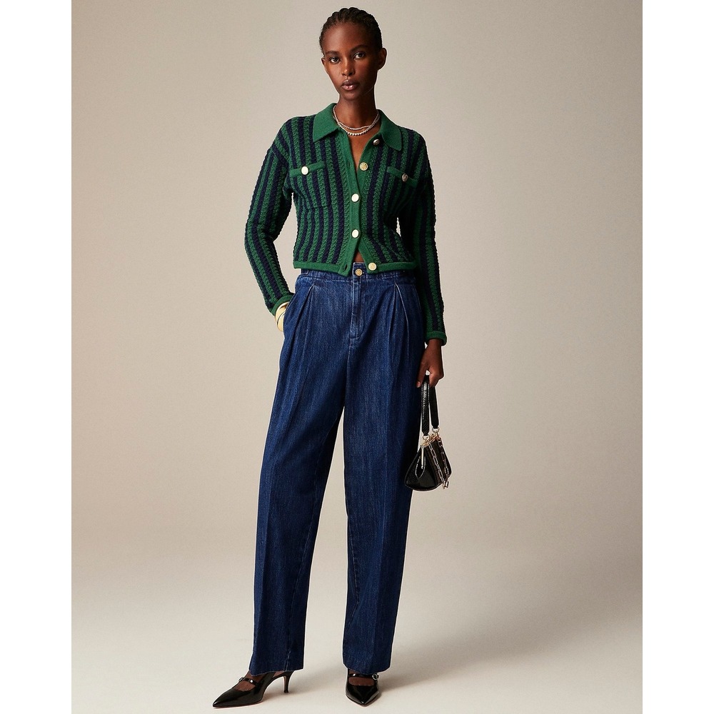 J.Crew Pleated Trouser Jeans Dark Wash High Rise Gold Button Wide‎ Straight Q2